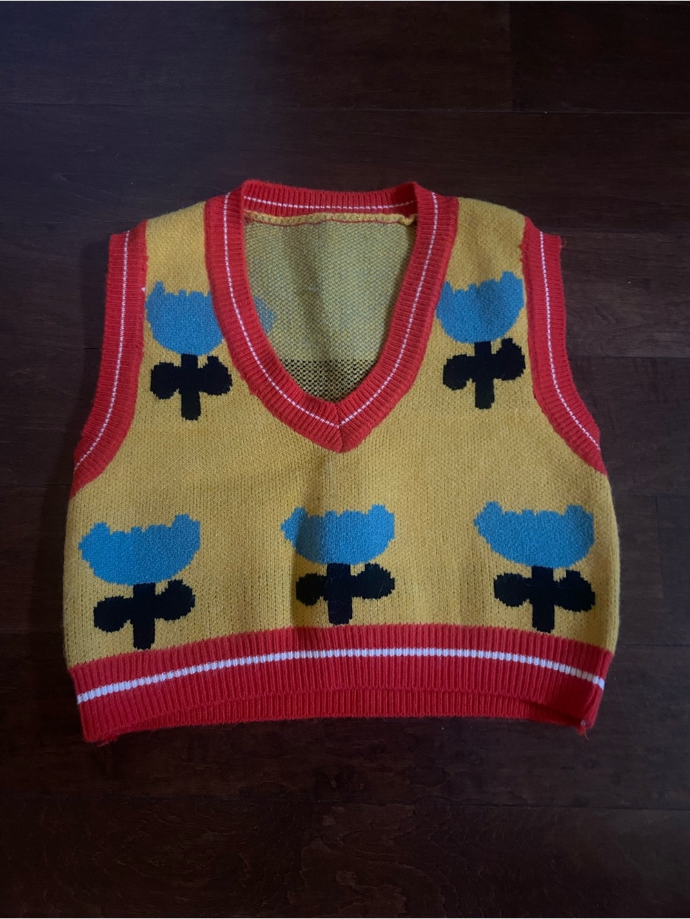 Kids Yellow Flower Knit Vest with Blue Accents